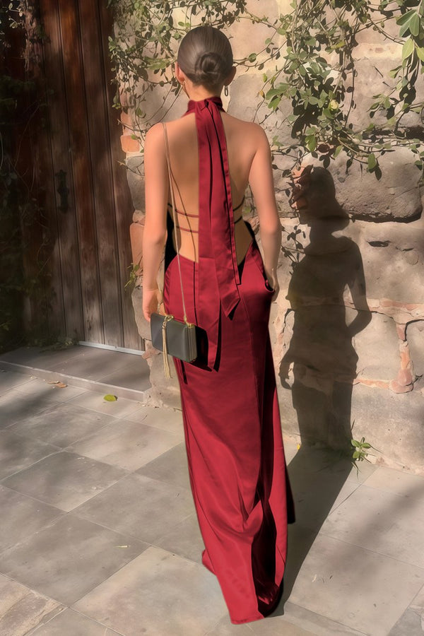 Yellow - Halter Deep V Neck Satin Sheath Backless Long Prom Dresses – Prom Dress by KissProm | Available at KissProm