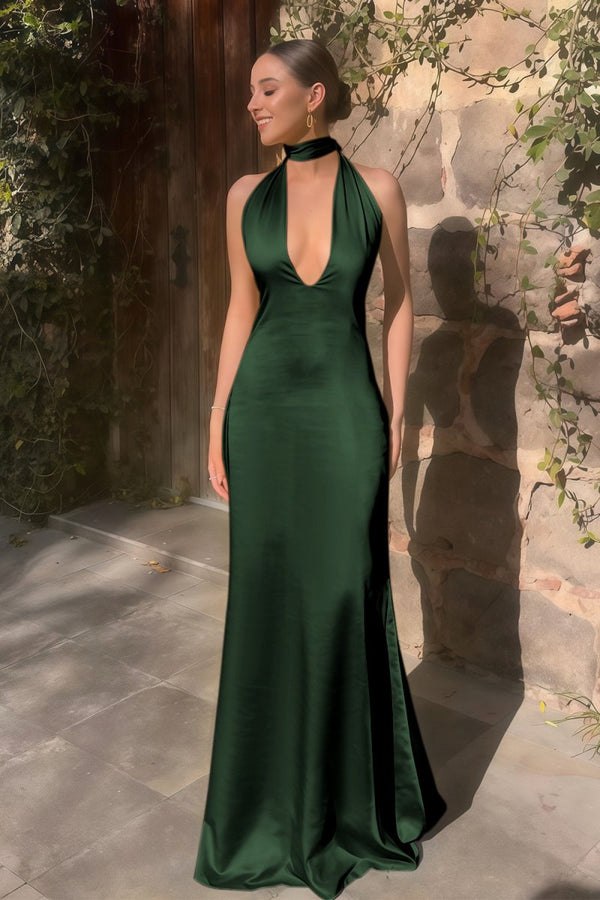 Yellow - Halter Deep V Neck Satin Sheath Backless Long Prom Dresses – Prom Dress by KissProm | Available at KissProm