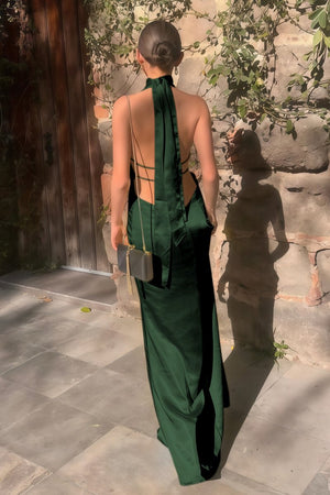 Yellow - Halter Deep V Neck Satin Sheath Backless Long Prom Dresses – Prom Dress by KissProm | Available at KissProm