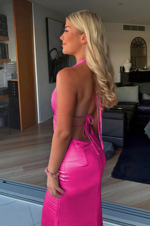 Yellow - Halter Deep V Neck Satin Sheath Backless Long Prom Dresses – Prom Dress by KissProm | Available at KissProm