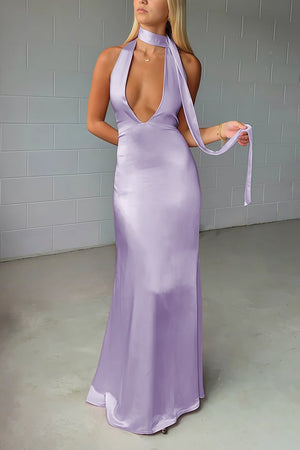 Yellow - Halter Deep V Neck Satin Sheath Backless Long Prom Dresses – Prom Dress by KissProm | Available at KissProm