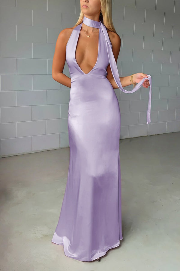 Yellow - Halter Deep V Neck Satin Sheath Backless Long Prom Dresses – Prom Dress by KissProm | Available at KissProm
