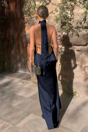 Yellow - Halter Deep V Neck Satin Sheath Backless Long Prom Dresses – Prom Dress by KissProm | Available at KissProm