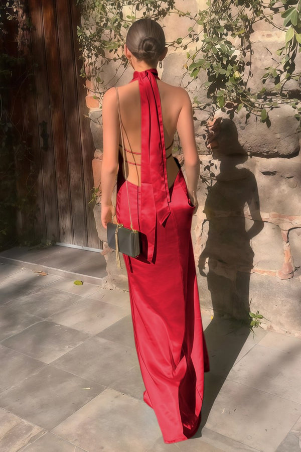 Yellow - Halter Deep V Neck Satin Sheath Backless Long Prom Dresses – Prom Dress by KissProm | Available at KissProm