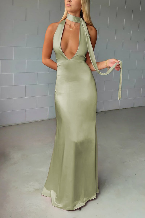 Yellow - Halter Deep V Neck Satin Sheath Backless Long Prom Dresses – Prom Dress by KissProm | Available at KissProm