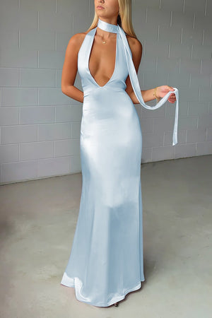 Yellow - Halter Deep V Neck Satin Sheath Backless Long Prom Dresses – Prom Dress by KissProm | Available at KissProm