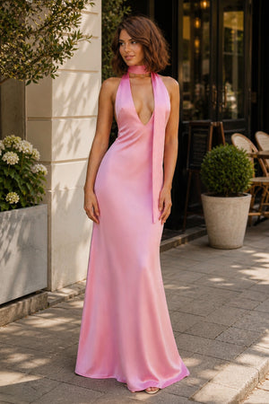 Yellow - Halter Deep V Neck Satin Sheath Backless Long Prom Dresses
