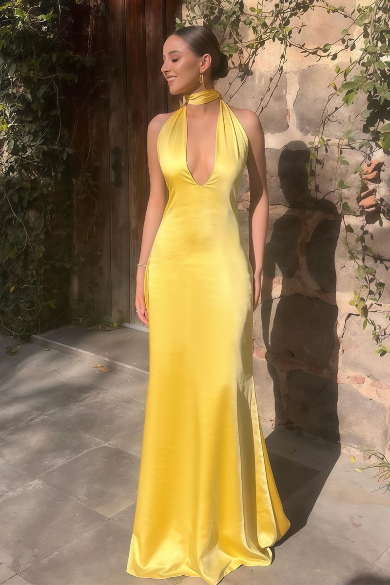 Yellow - Halter Deep V Neck Satin Sheath Backless Long Prom Dresses – Prom Dress by KissProm | Available at KissProm