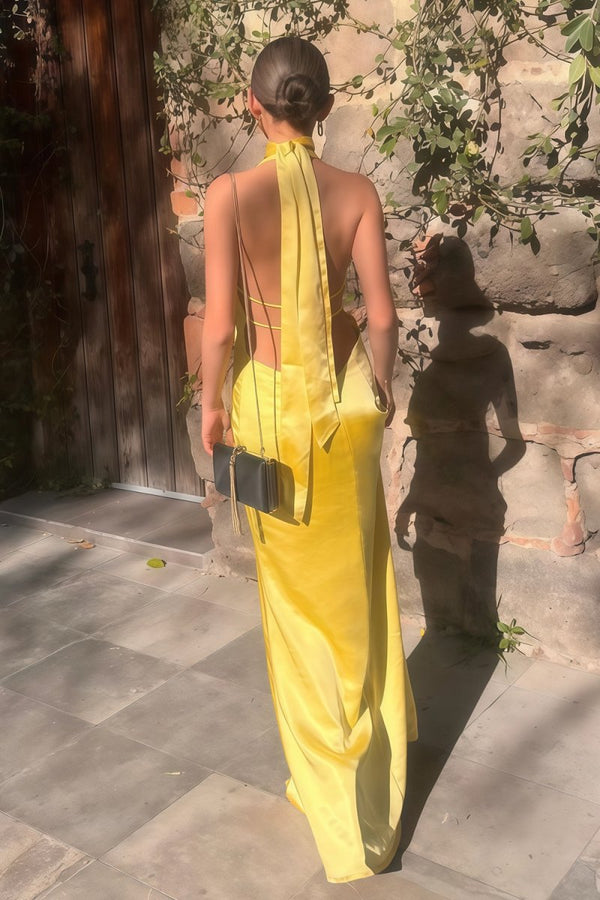 Yellow - Halter Deep V Neck Satin Sheath Backless Long Prom Dresses – Prom Dress by KissProm | Available at KissProm