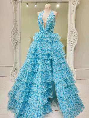 Nimue | Blue Halter Tulle Printed Ruffle Tiered A Line Prom Dresses - KissProm
