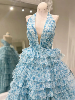 Nimue | Blue Halter Tulle Printed Ruffle Tiered A Line Prom Dresses - KissProm