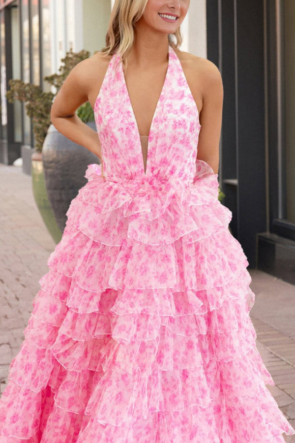 Nimue | Pink Halter Tulle Printed Ruffle Tiered A Line Prom Dresses - KissProm