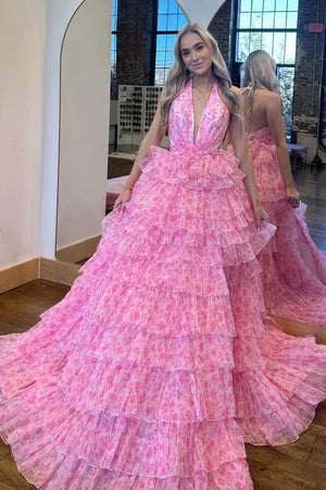 Nimue | Pink Halter Tulle Printed Ruffle Tiered A Line Prom Dresses - KissProm