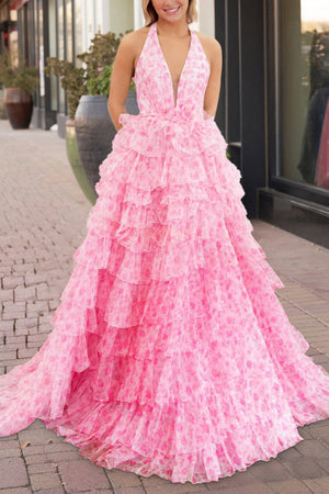 Nimue | Pink Halter Tulle Printed Ruffle Tiered A Line Prom Dresses - KissProm