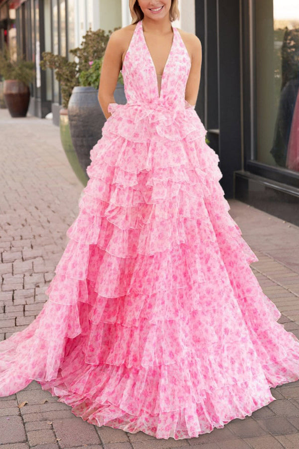 Nimue | Pink Halter Tulle Printed Ruffle Tiered A Line Prom Dresses - KissProm