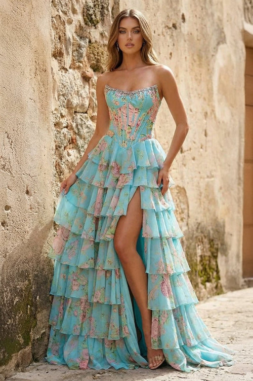 Aqua - Strapless Neck A Line Floral Chiffon Ruffled Prom Dresses With Beading – Prom Dress by KissProm | Available at KissProm