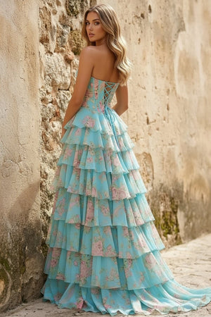 Aqua - Strapless Neck A Line Floral Chiffon Ruffled Prom Dresses With Beading – Prom Dress by KissProm | Available at KissProm