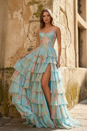Aqua - Strapless Neck A Line Floral Chiffon Ruffled Prom Dresses With Beading – Prom Dress by KissProm | Available at KissProm
