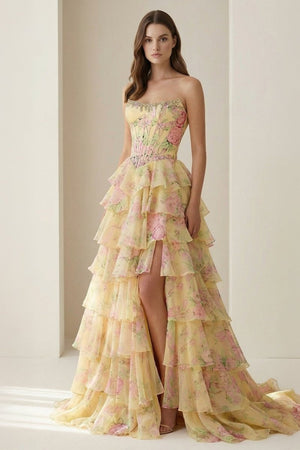 Yellow - Strapless A Line Floral Chiffon Ruffled Prom Dresses With Beading – Prom Dress by KissProm | Available at KissProm