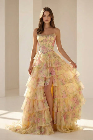 Yellow - Strapless A Line Floral Chiffon Ruffled Prom Dresses With Beading – Prom Dress by KissProm | Available at KissProm