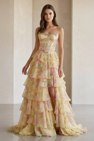Yellow - Strapless A Line Floral Chiffon Ruffled Prom Dresses With Beading – Prom Dress by KissProm | Available at KissProm