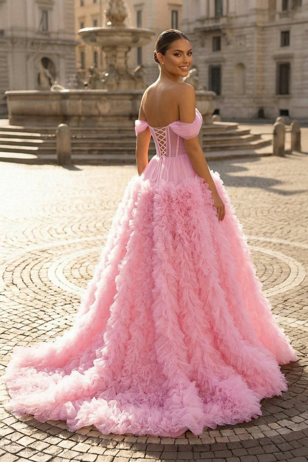 Gorgeous A Line Off the Shoulder Long Tulle Prom Dress with Slit - KissProm