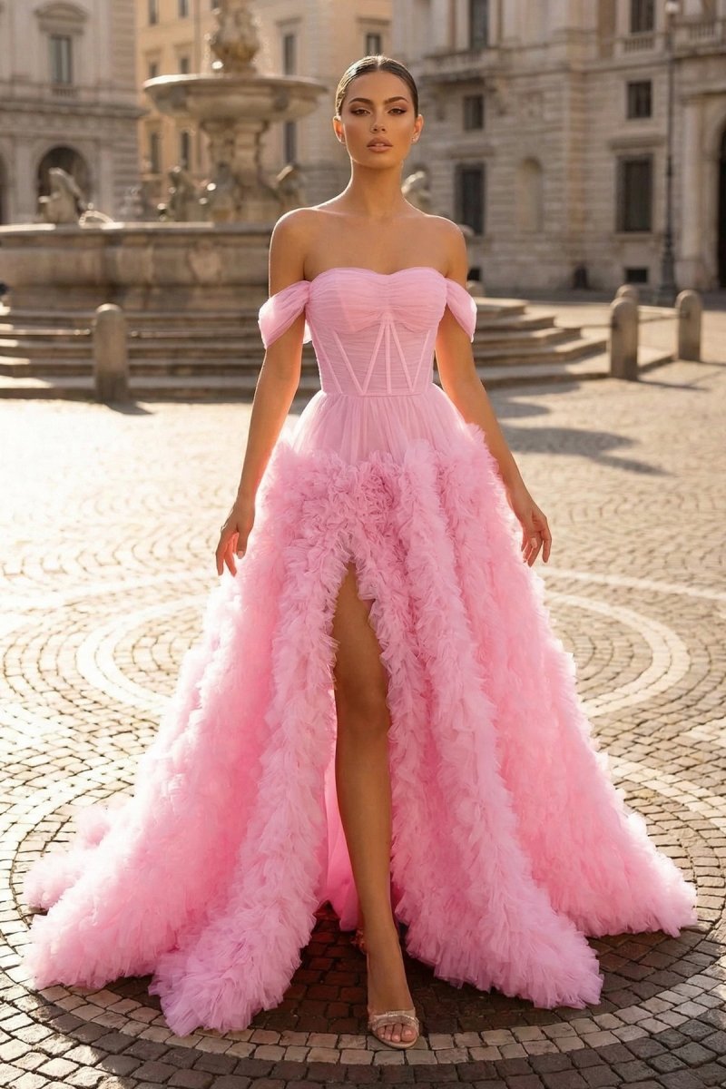Gorgeous A Line Off the Shoulder Long Tulle Prom Dress with Slit - KissProm