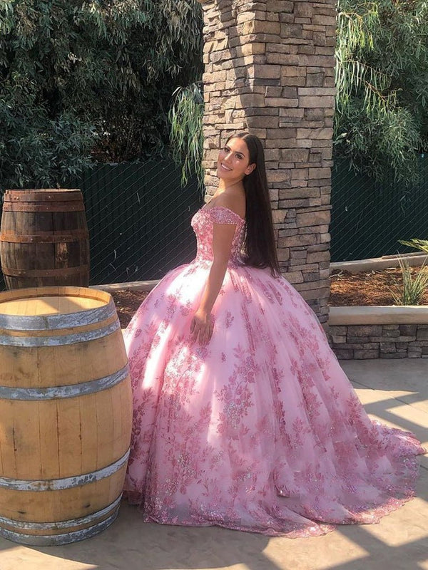 Off Shoulder Sweetheart Neckline Sparkly Quinceanera Dresses with Appliques