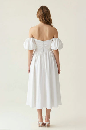 Off - the - Shouder A - Line Midi Graduation Dress With Puff Sleeve - KissProm
