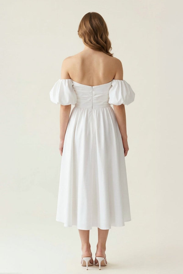 Off - the - Shouder A - Line Midi Graduation Dress With Puff Sleeve - KissProm