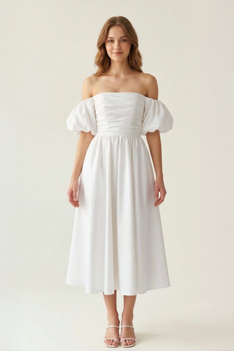Off - the - Shouder A - Line Midi Graduation Dress With Puff Sleeve - KissProm