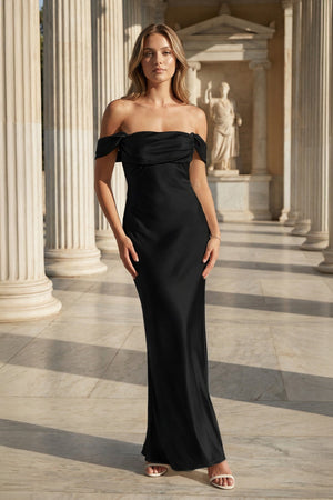 Off the Shoulder Coral Mermaid Satin Long Party Dress – Prom Dresses by KissProm | Available at KissProm