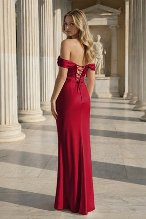 Off the Shoulder Coral Mermaid Satin Long Party Dress – Prom Dresses by KissProm | Available at KissProm