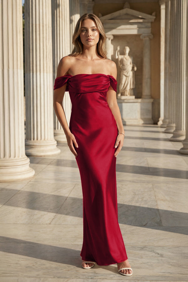 Off the Shoulder Coral Mermaid Satin Long Party Dress – Prom Dresses by KissProm | Available at KissProm