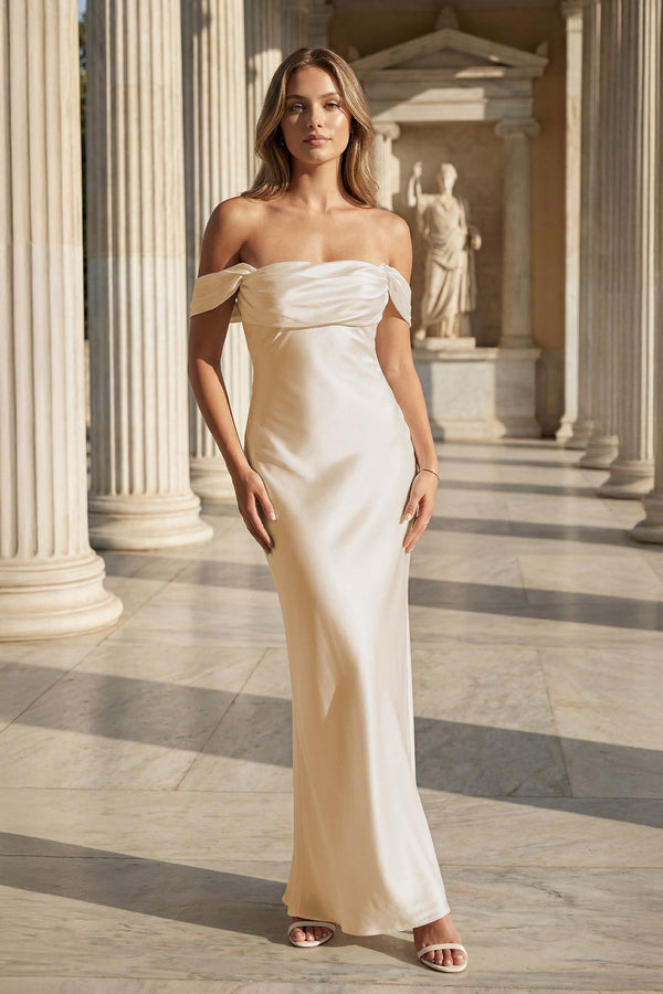 Off the Shoulder Coral Mermaid Satin Long Party Dress – Prom Dresses by KissProm | Available at KissProm