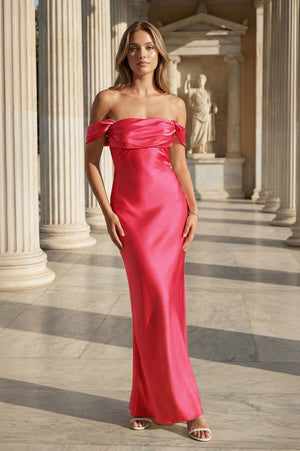 Off the Shoulder Coral Mermaid Satin Long Party Dress – Prom Dresses by KissProm | Available at KissProm