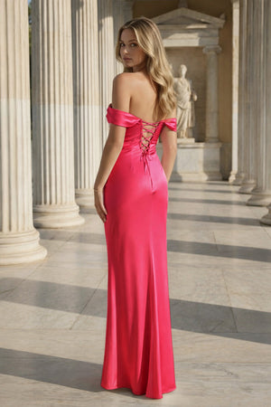 Off the Shoulder Coral Mermaid Satin Long Party Dress – Prom Dresses by KissProm | Available at KissProm