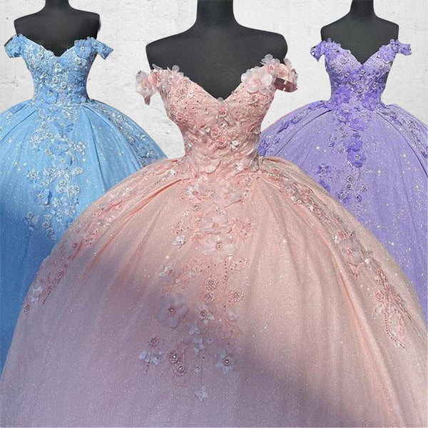 Off the Shoulder Lavender Sequin 3D Floral Quinceanera Dresses