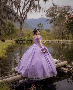 Off the Shoulder Lavender Sequin 3D Floral Quinceanera Dresses