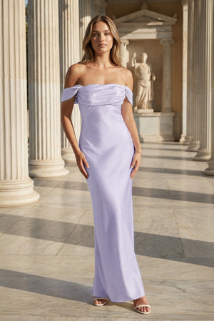 Off the Shoulder Coral Mermaid Satin Long Party Dress – Prom Dresses by KissProm | Available at KissProm