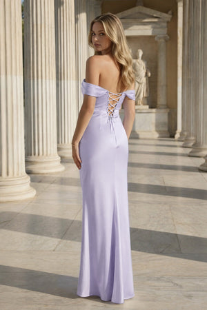 Off the Shoulder Coral Mermaid Satin Long Party Dress – Prom Dresses by KissProm | Available at KissProm