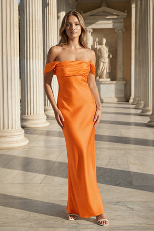Off the Shoulder Coral Mermaid Satin Long Party Dress – Prom Dresses by KissProm | Available at KissProm