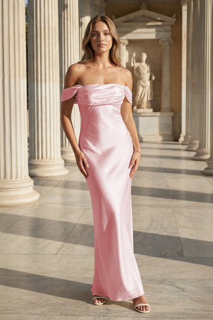 Off the Shoulder Coral Mermaid Satin Long Party Dress – Prom Dresses by KissProm | Available at KissProm