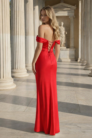 Off the Shoulder Coral Mermaid Satin Long Party Dress – Prom Dresses by KissProm | Available at KissProm