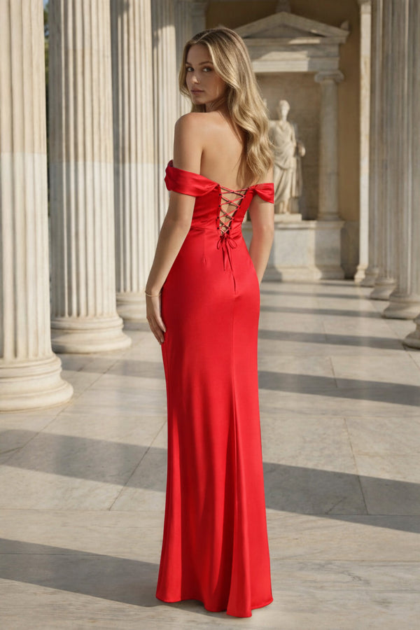 Off the Shoulder Coral Mermaid Satin Long Party Dress – Prom Dresses by KissProm | Available at KissProm