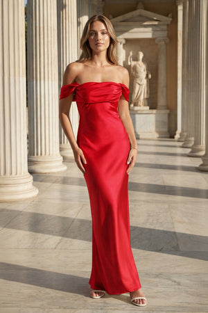 Off the Shoulder Coral Mermaid Satin Long Party Dress – Prom Dresses by KissProm | Available at KissProm