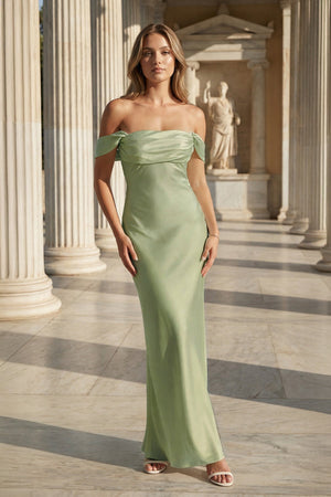 Off the Shoulder Coral Mermaid Satin Long Party Dress – Prom Dresses by KissProm | Available at KissProm
