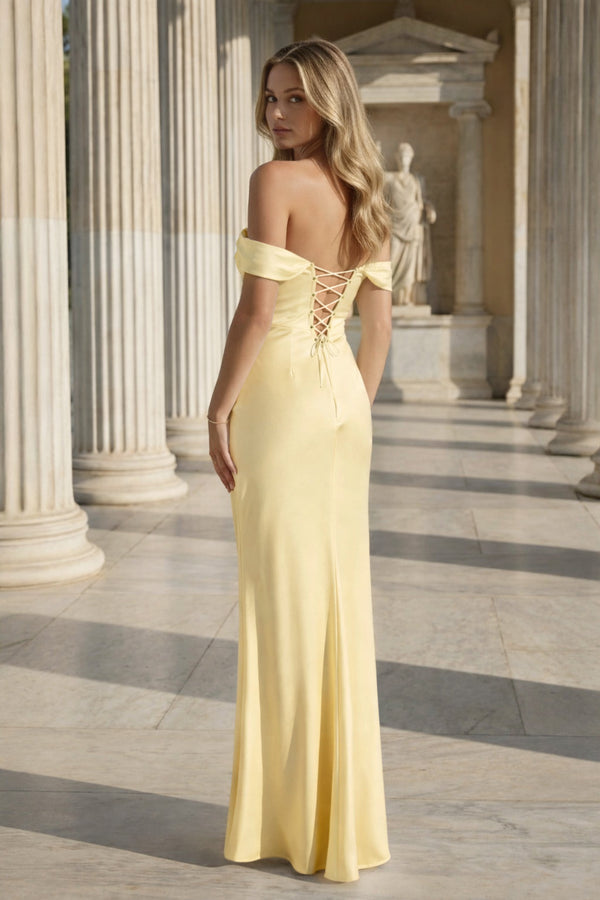 Off the Shoulder Coral Mermaid Satin Long Party Dress – Prom Dresses by KissProm | Available at KissProm