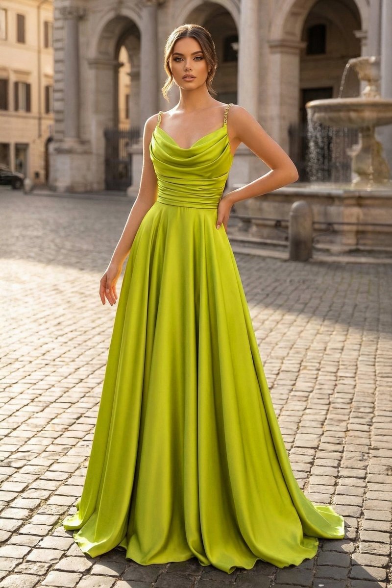 Olive Green Cowl Neck Chain Strap A - Line Long Prom Dress - KissProm