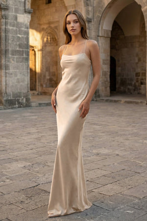 Yellow Spaghetti Straps Sheath Satin Lace Up Long Prom Dresses - KissProm